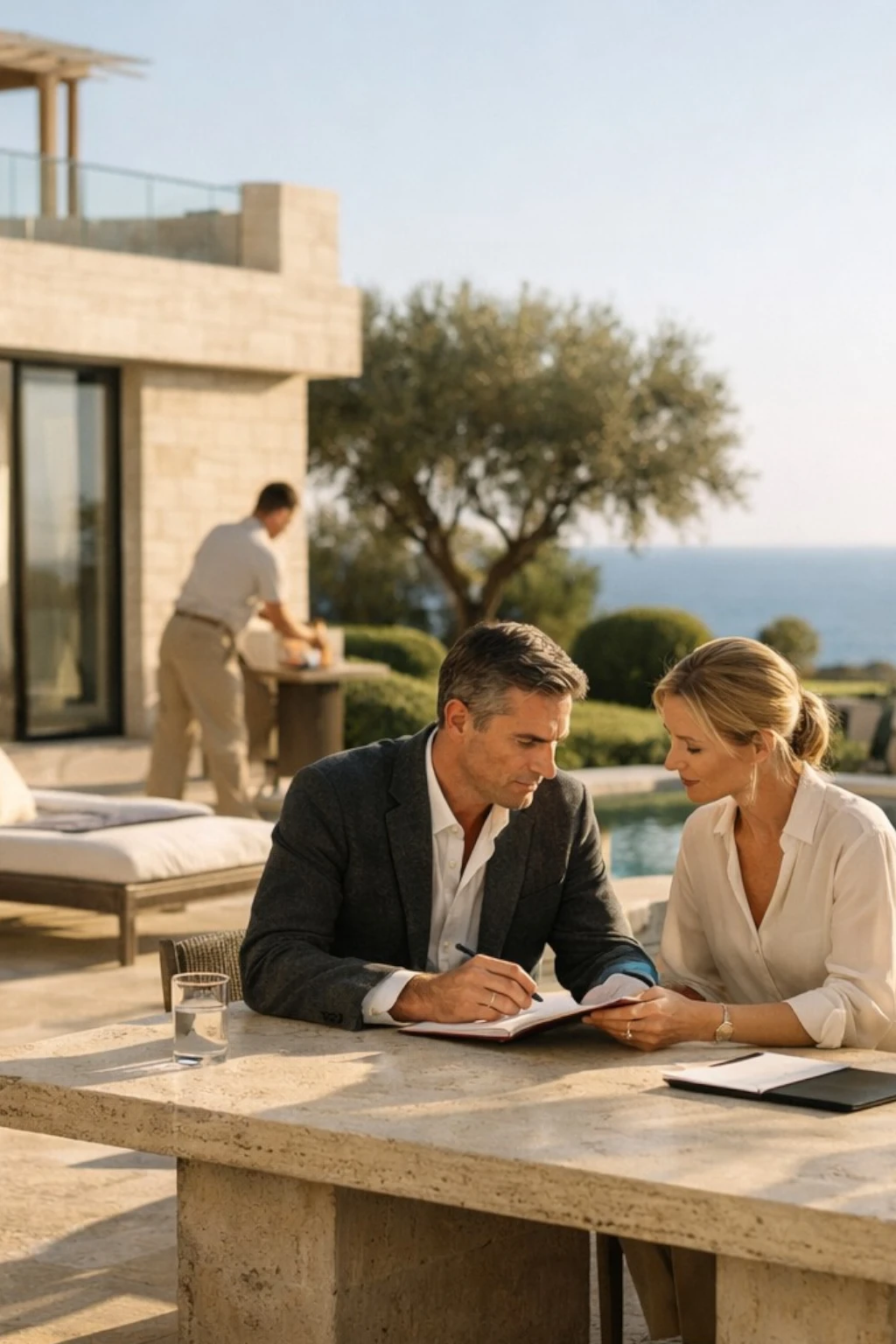 Private residence in Marbella with a restrained atmosphere and natural materials associated with high-level household staff recruitment.