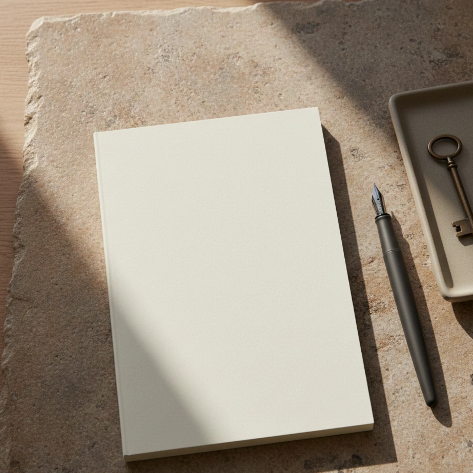 Editorial still life of notebook, key and fountain pen on a quiet luxury surface.