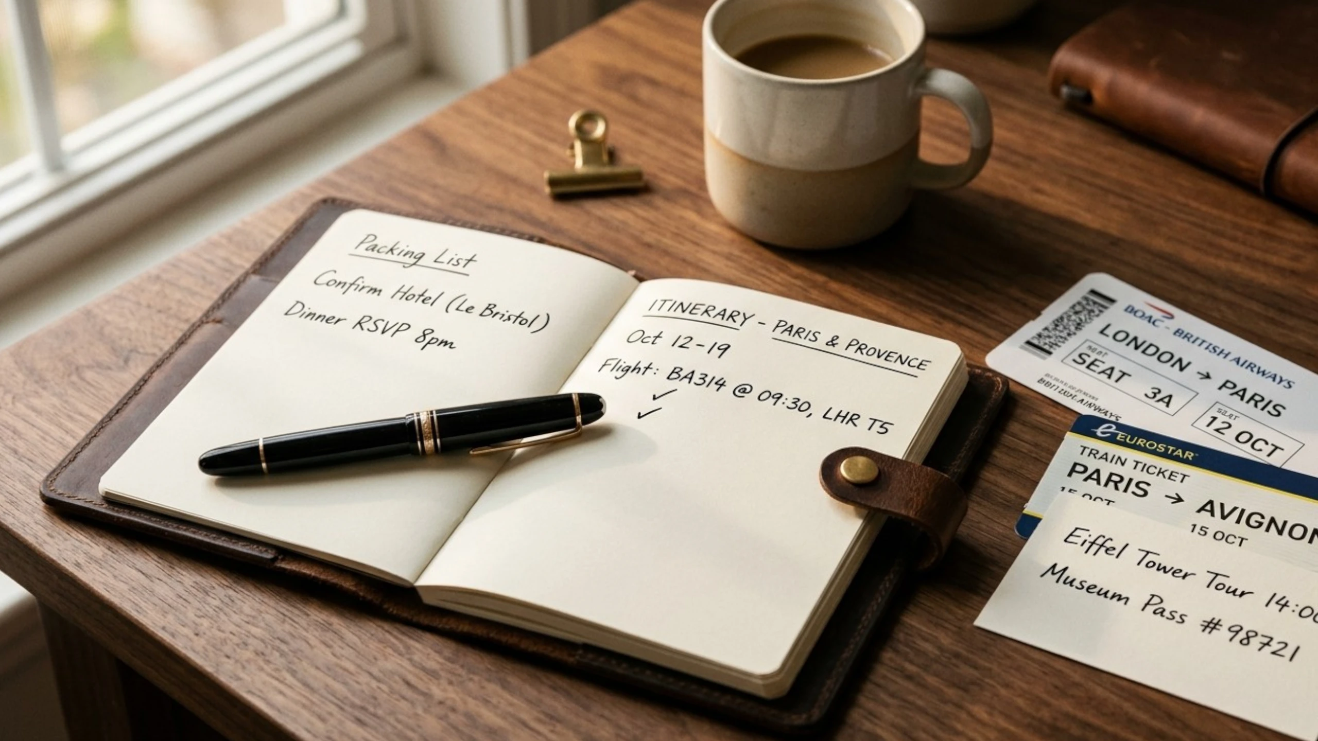 Escena editorial serena de escritorio privado con agenda, documentos discretos y luz natural.