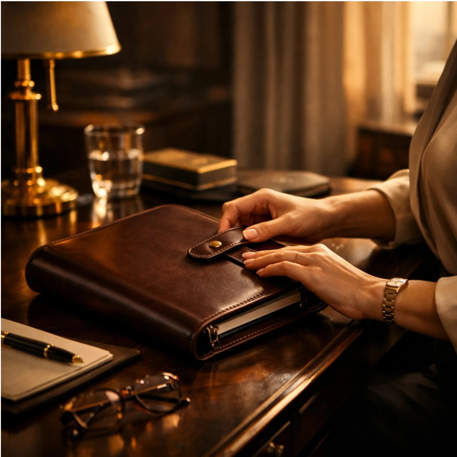 Composición editorial sobria con libreta, documentos y objetos personales sobre una superficie de lujo silencioso.